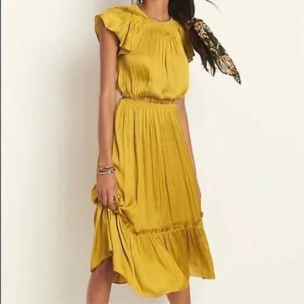Anthropologie Current Air Chartreuse Smocked Pleated Midi Dress Size XS